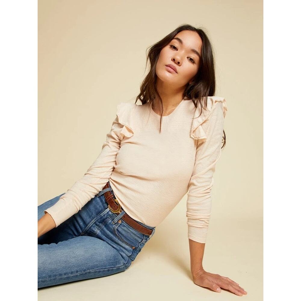 Nation LTD Dalila Victorian Crewneck Ruffled Slub Cotton Tee Antique Cream L